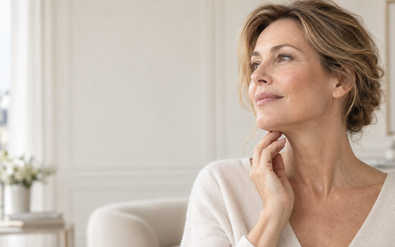 Femme mature touchant l’ovale de son visage et son cou avant un mini-lifting ou un lifting cervico-facial